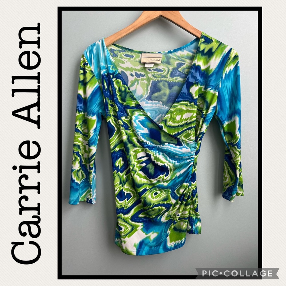 Carrie Allen Blue and Green Faux Wrap 3/4 Sleeve Top Size S
